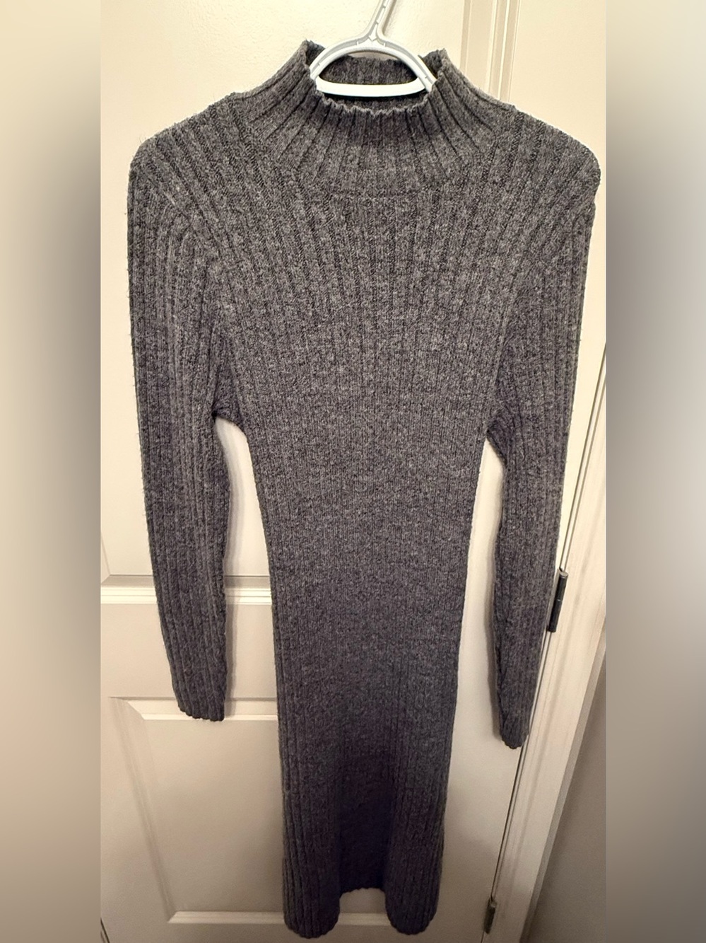 Classic Gray Ribbed Mock-Neck Sweater Dress